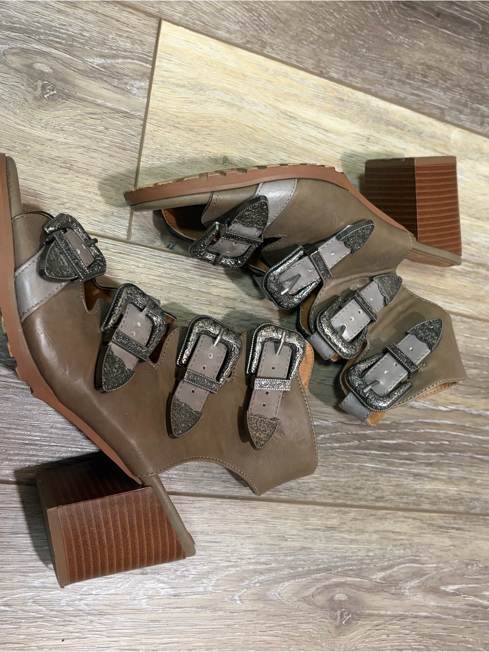 Buckle Taupe Women's Block Heel Ankle Boots with Triple Buckles